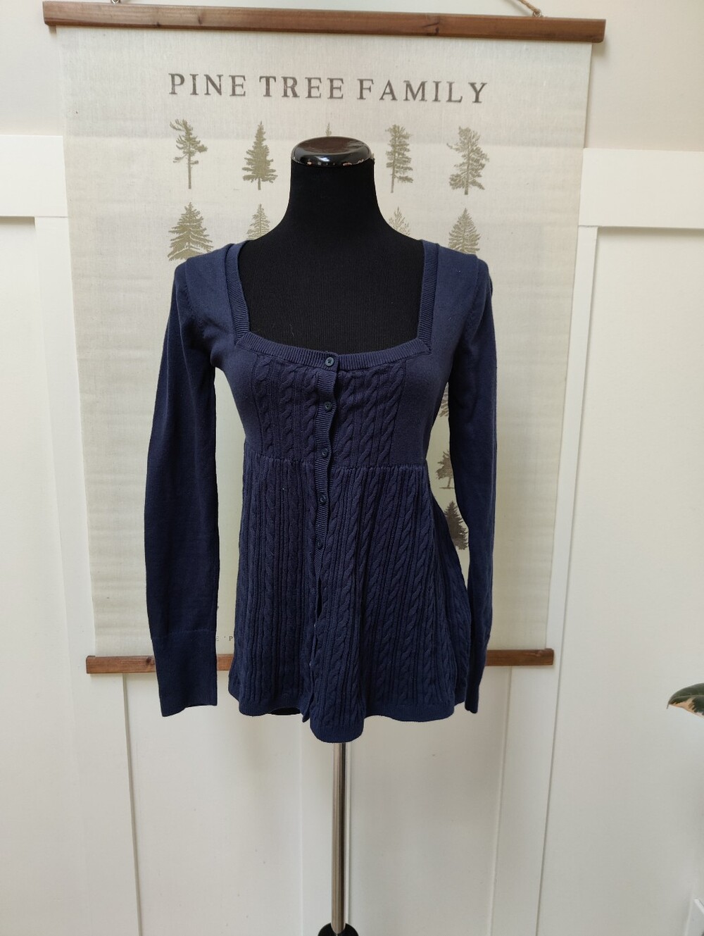 Hollister Navy Blue Cable Knit Empire Waist Button Front Cardigan - Large